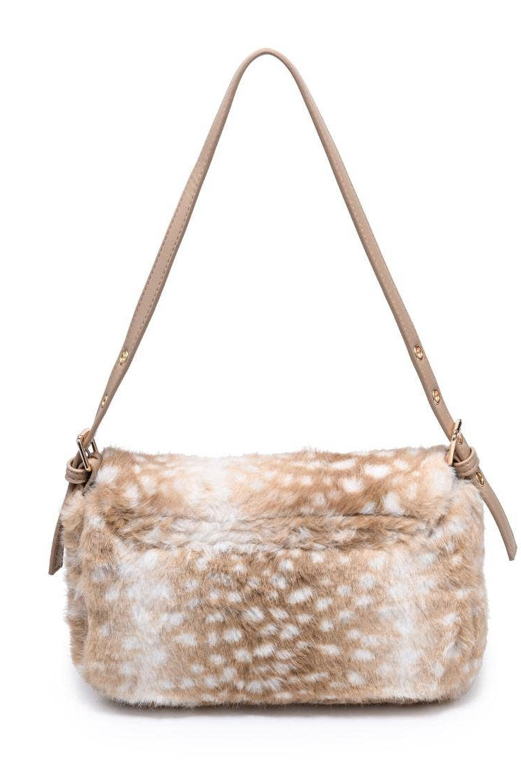 Urban Expressions Tuesday Beverly deer print fur crossbody bag with adjustable strap and sleek design.