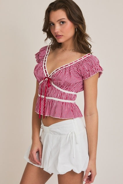 Gingham Lace Trim V-Neck Peplum Crop Top - Le Lis - RARA Boutique