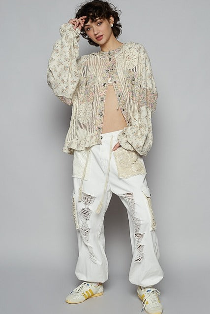RARA Boutique balloon sleeve floral contrast crochet and gauze jacket showing intricate floral embroidery and lightweight fabric details.