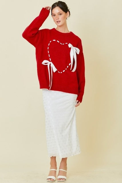 Lace Up Ribbon Heart Sweater with Bows - Main Strip - RARA Boutique