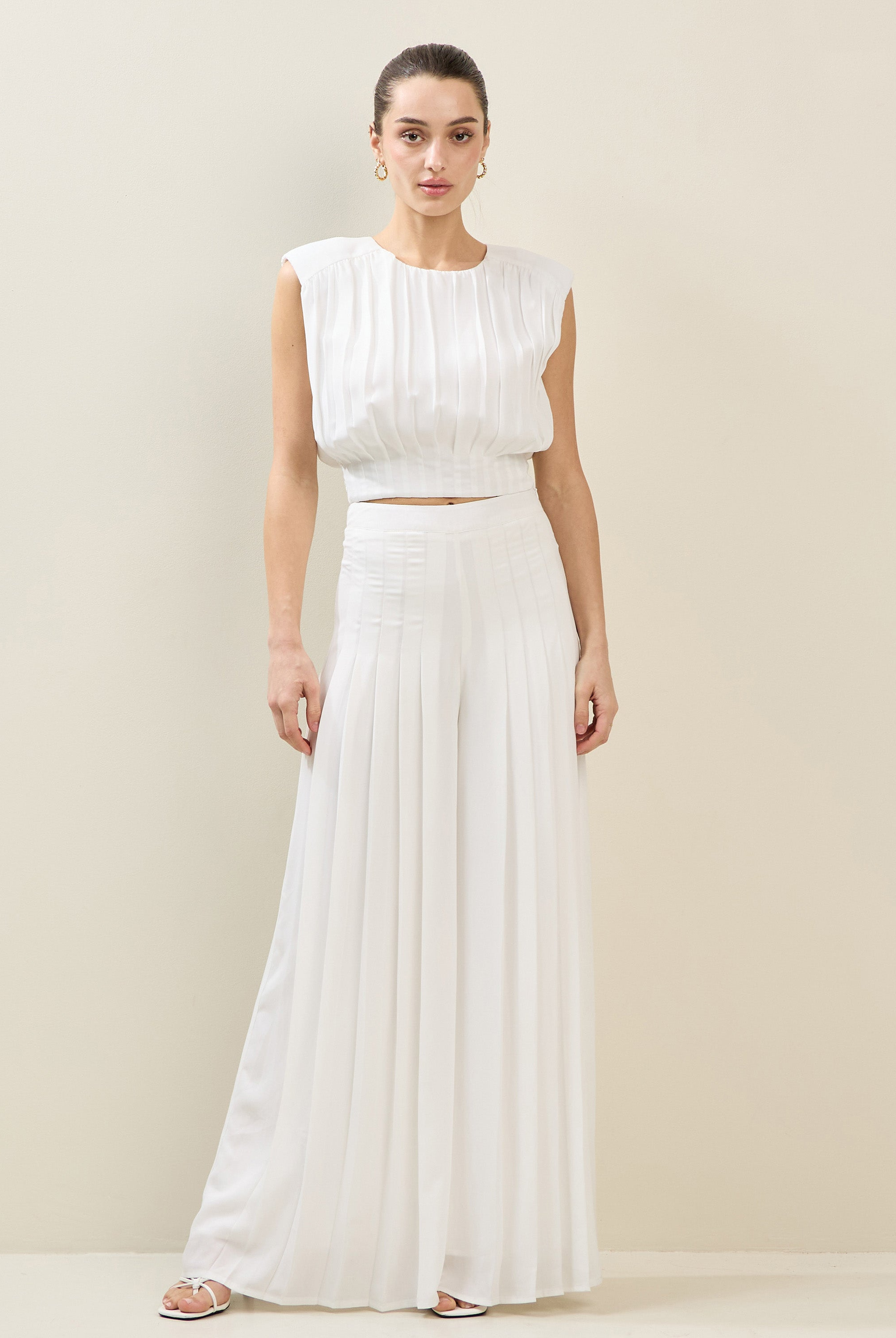RARA Boutique satin chiffon pleated wide-leg palazzo trousers, stylish trouser with flowing fabric and elegant design.