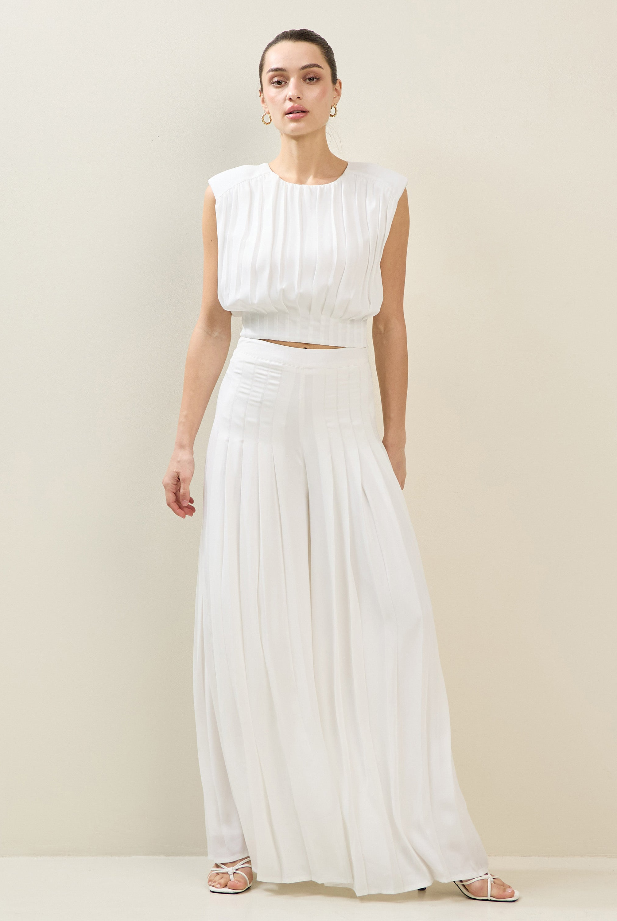 RARA Boutique satin chiffon pleated wide-leg palazzo trousers, stylish and flowing trouser with pleated details.