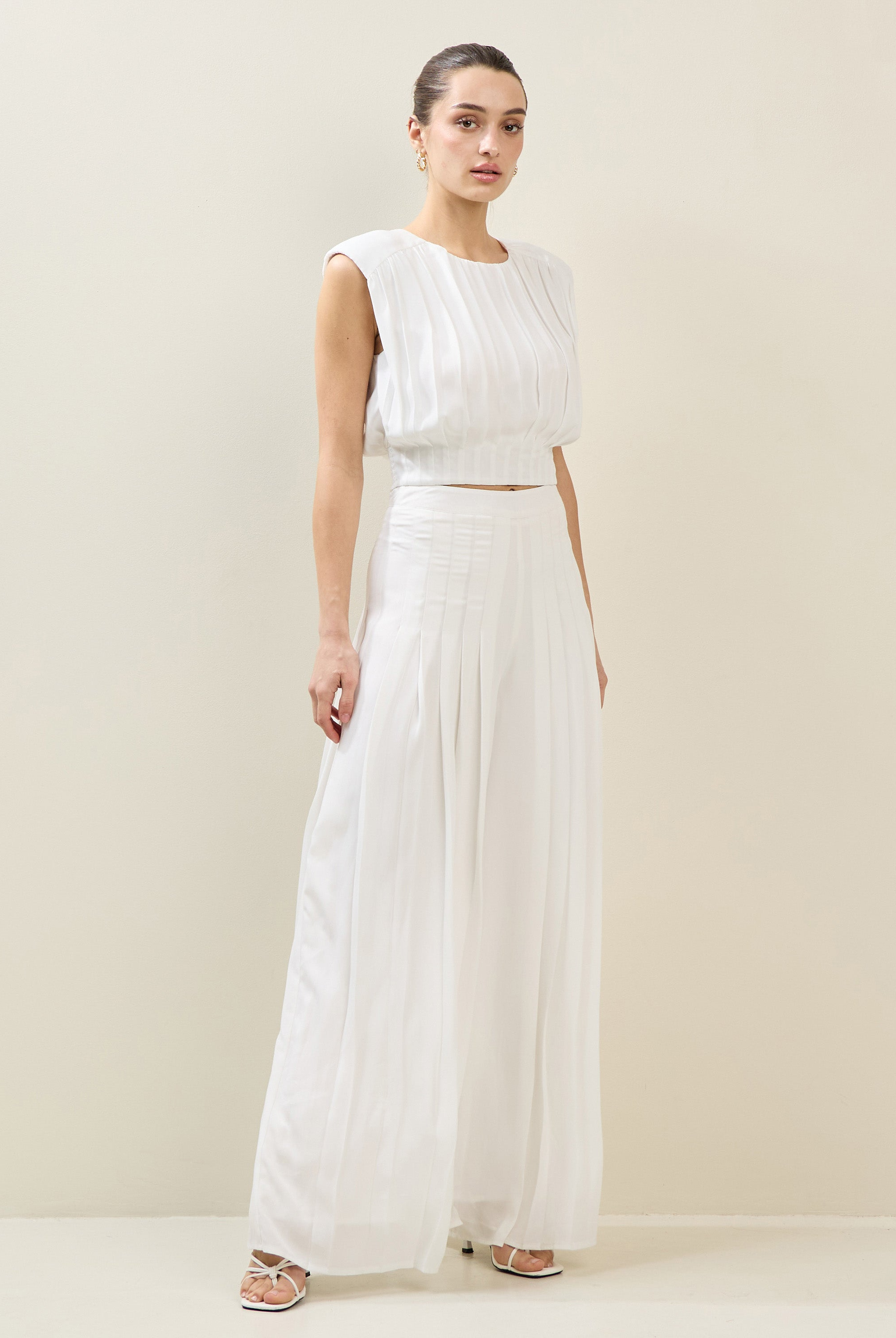 RARA Boutique satin chiffon pleated wide-leg palazzo pants, stylish trouser with flowing fabric and elegant design.