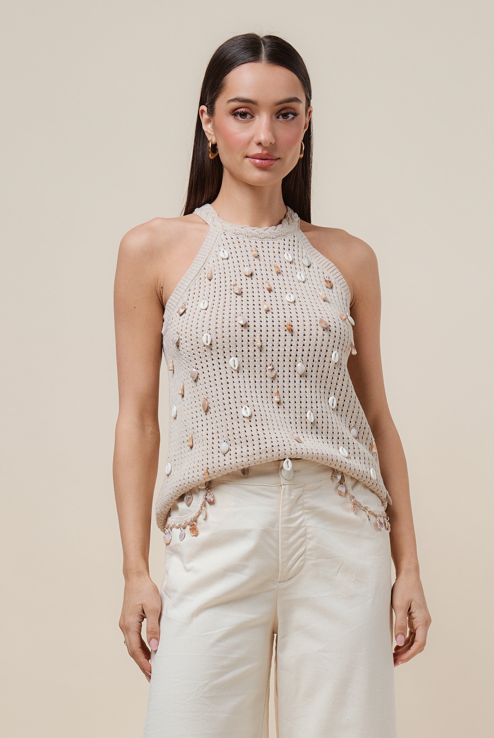 Seashell embellished open knit halter tank top by RARA Boutique, featuring a stylish design with seashell details and open knit fabric.