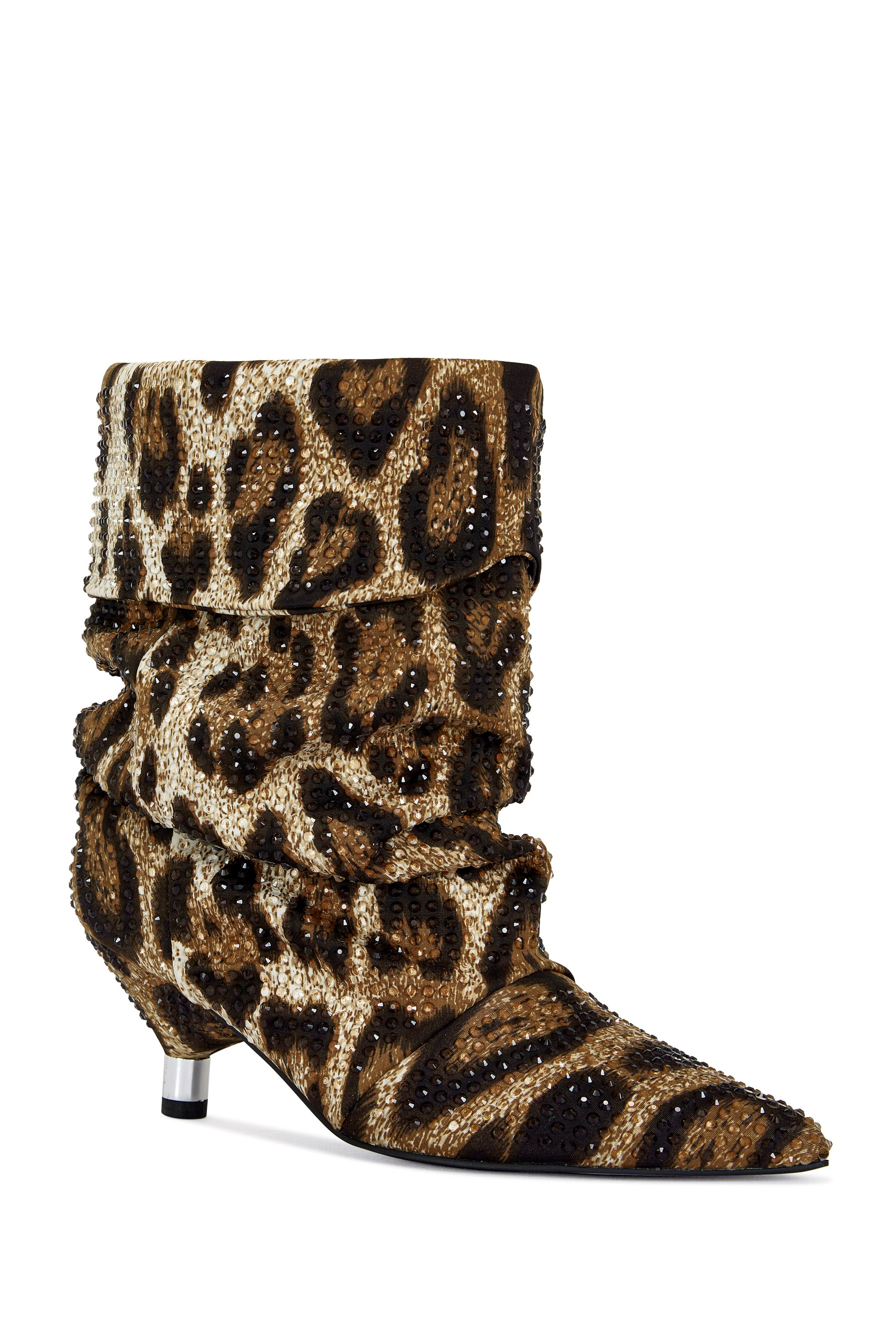 Leopard Print Rhinestone Kitten Heel Slouchy Booties - Azalea Wang - RARA Boutique