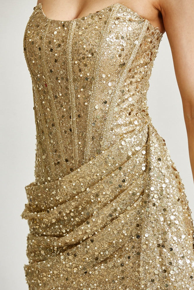 Strapless Sequin Glitter Mesh Corset Mini Dress with Draped Skirt - BLITHE - RARA Boutique