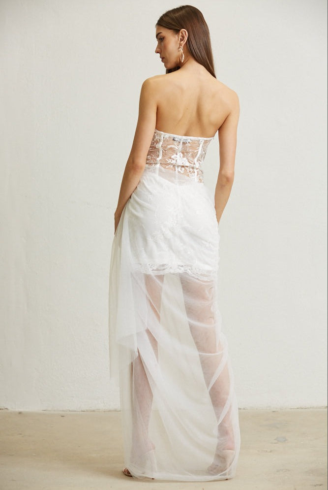 Sheer Lace Bodice Mini Dress with Tulle Draping Overlay - BLITHE - RARA Boutique