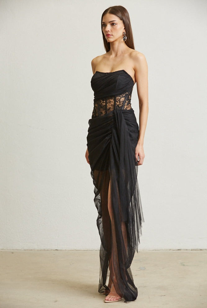 Sheer Lace Bodice Mini Dress with Tulle Draping Overlay - BLITHE - RARA Boutique