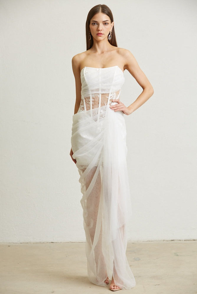 Sheer Lace Bodice Mini Dress with Tulle Draping Overlay - BLITHE - RARA Boutique