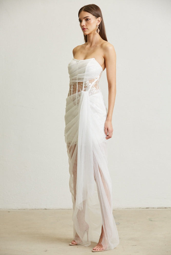 Sheer Lace Bodice Mini Dress with Tulle Draping Overlay - BLITHE - RARA Boutique