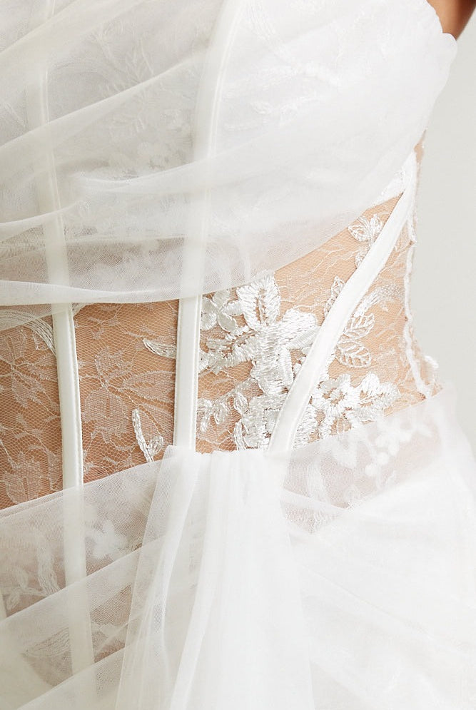 Sheer Lace Bodice Mini Dress with Tulle Draping Overlay - BLITHE - RARA Boutique