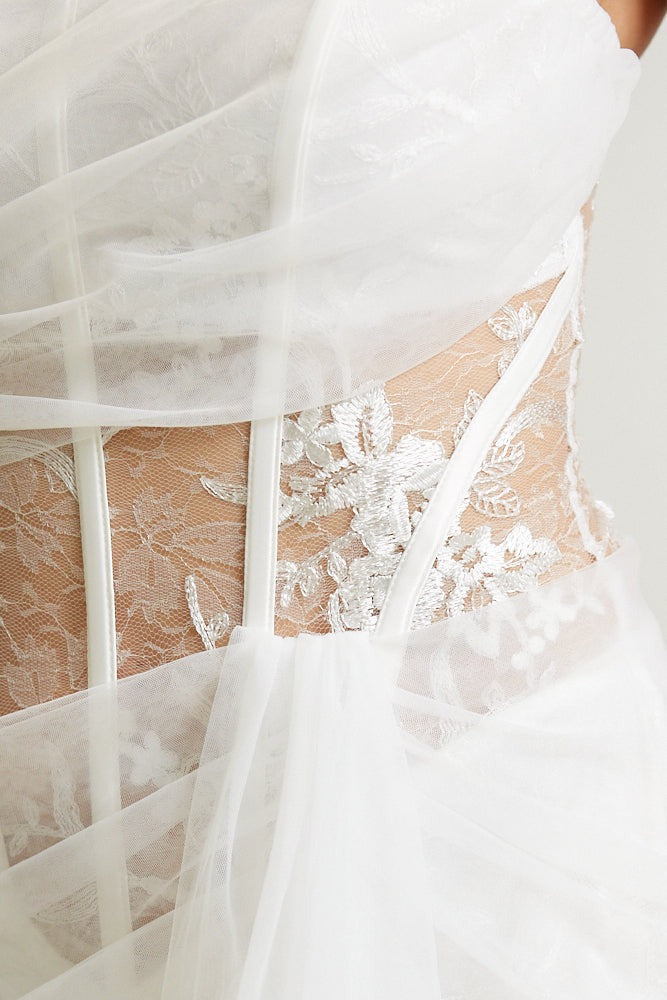 Sheer Lace Bodice Mini Dress with Tulle Draping Overlay - BLITHE - RARA Boutique