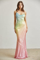 Rainbow Ombre Sequin Floor-Length Gown with Cowl Neck - BLITHE - RARA Boutique