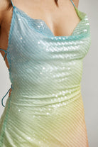 Rainbow Ombre Sequin Floor-Length Gown with Cowl Neck - BLITHE - RARA Boutique