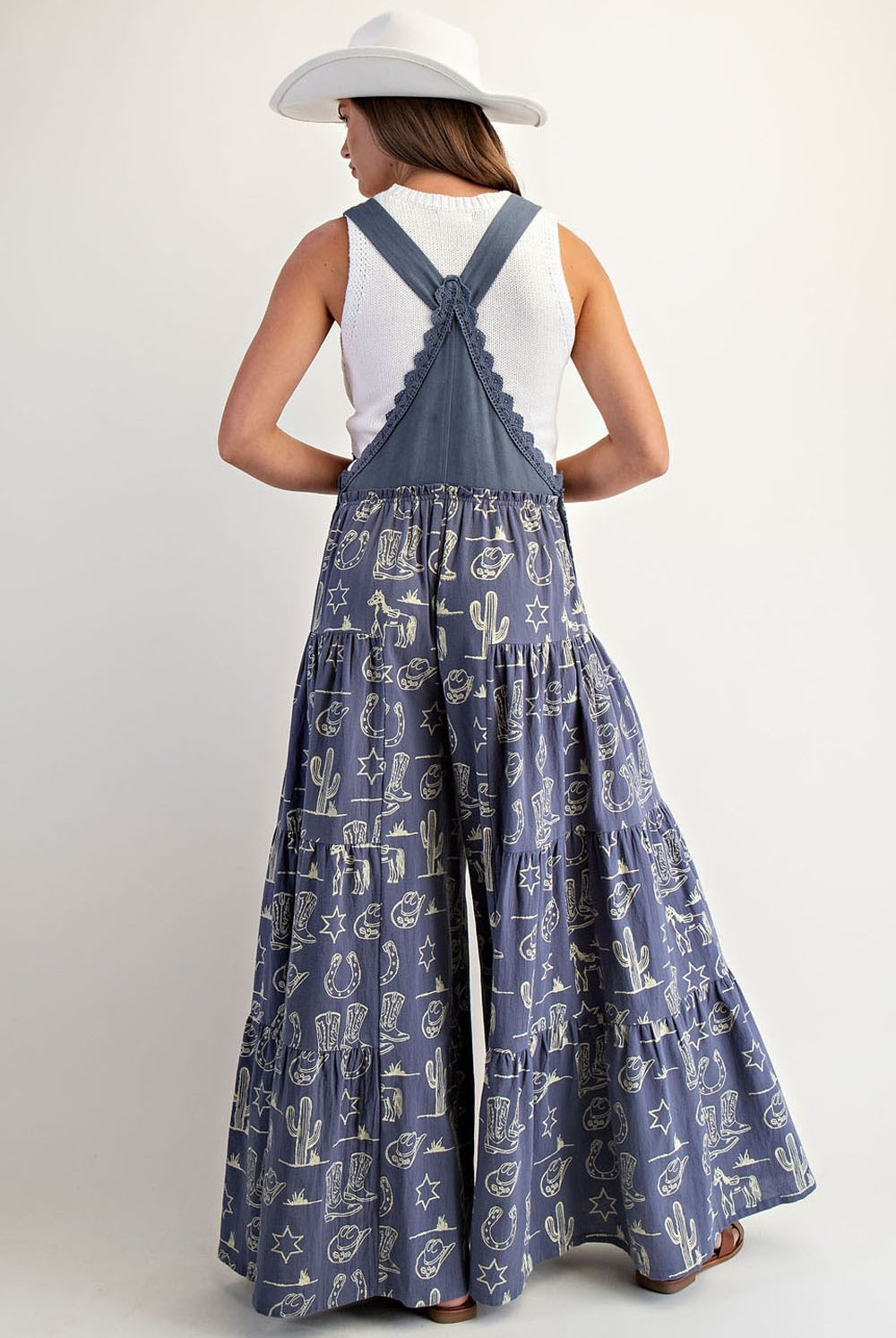 Western Graphic Print Tiered Wide Leg Overalls Jumpsuit - eesome - RARA Boutique