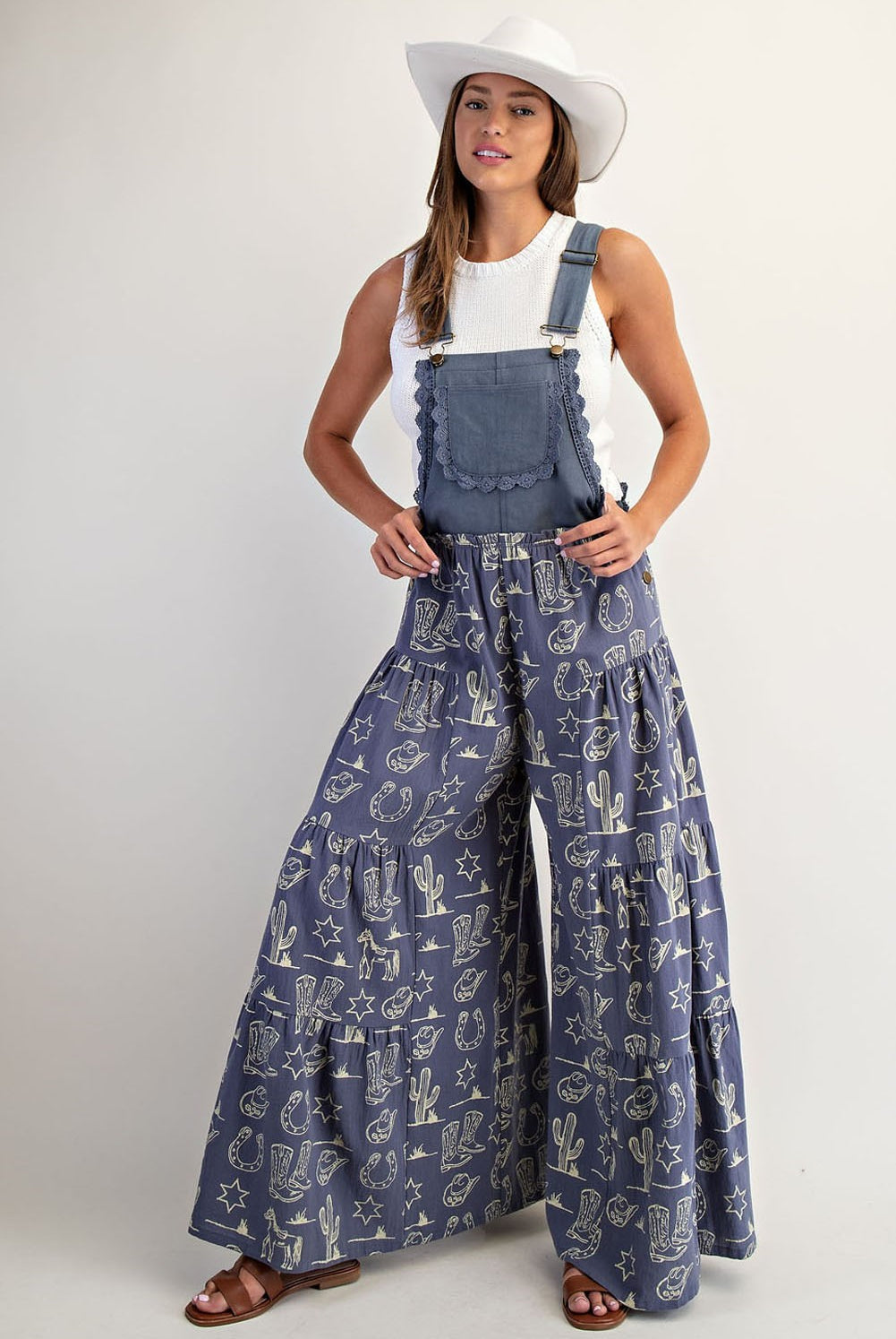 Western Graphic Print Tiered Wide Leg Overalls Jumpsuit - eesome - RARA Boutique