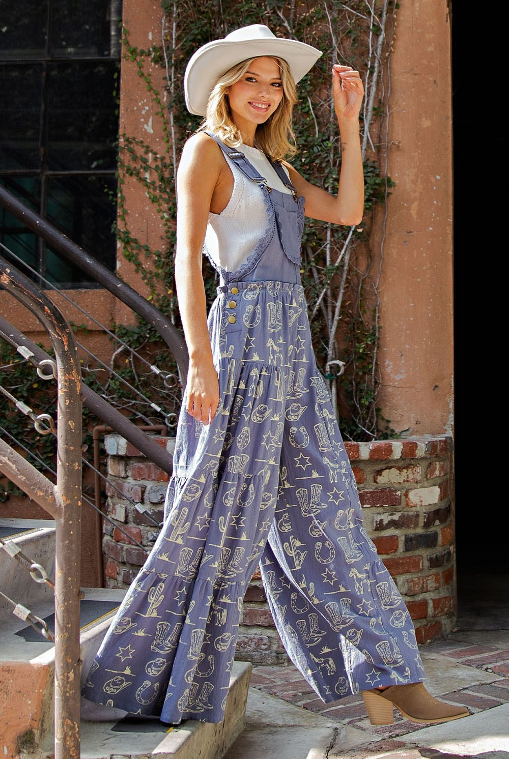 Western Graphic Print Tiered Wide Leg Overalls Jumpsuit - eesome - RARA Boutique