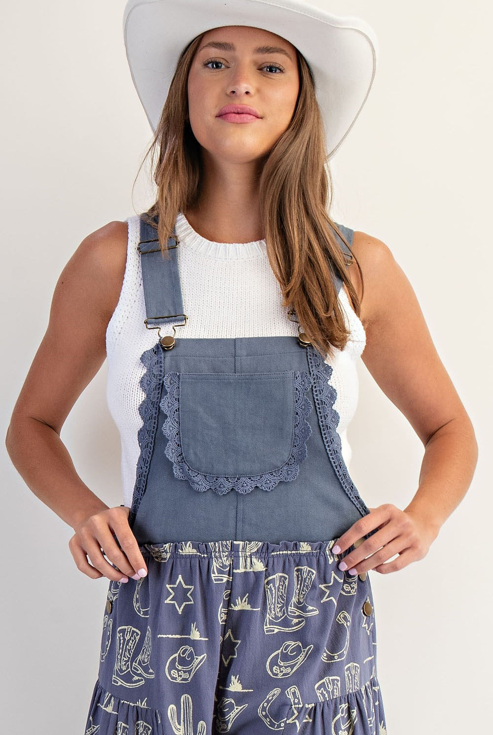 Western Graphic Print Tiered Wide Leg Overalls Jumpsuit - eesome - RARA Boutique