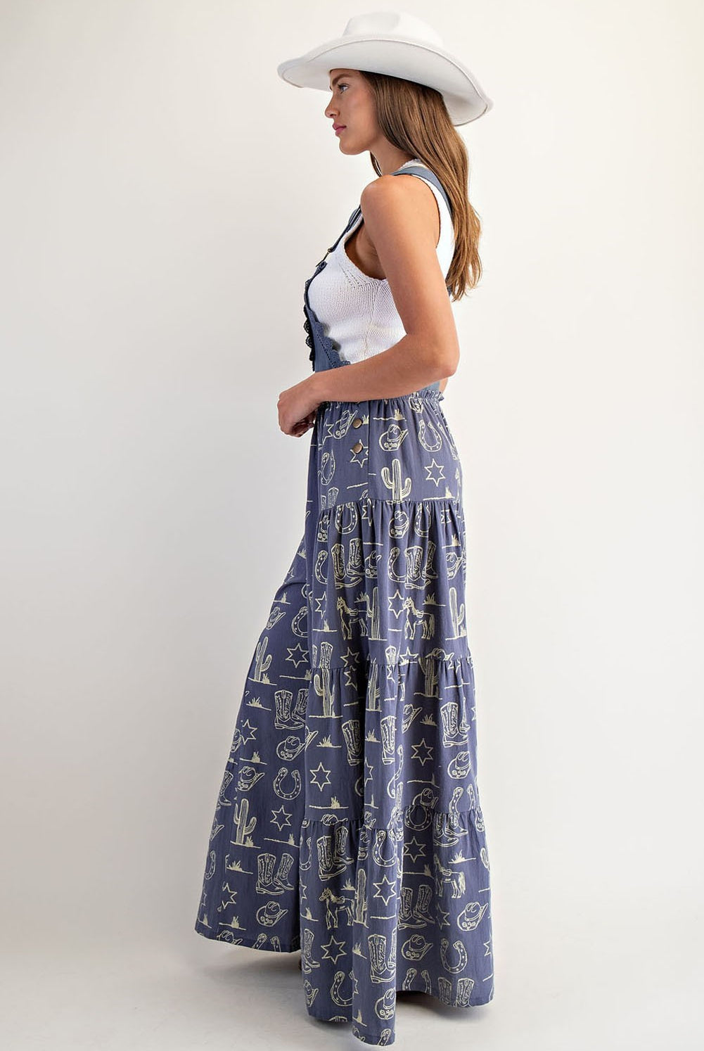 Western Graphic Print Tiered Wide Leg Overalls Jumpsuit - eesome - RARA Boutique
