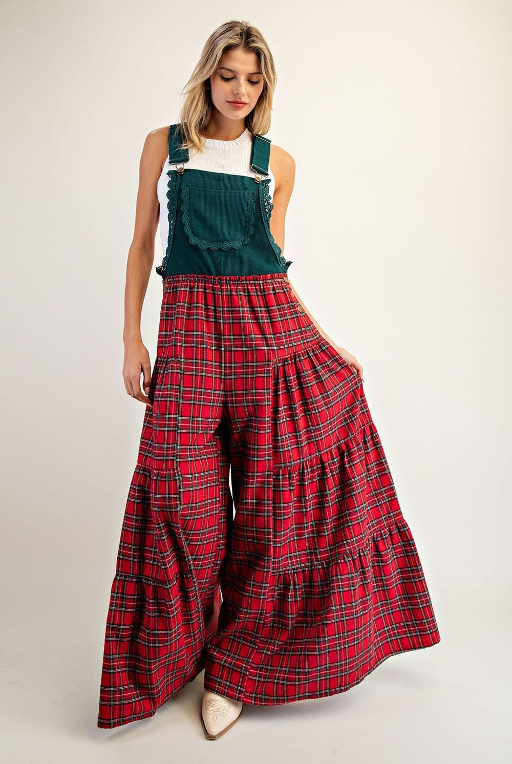Plaid Flannel Tiered Wide Leg Overalls Jumpsuit - eesome - RARA Boutique