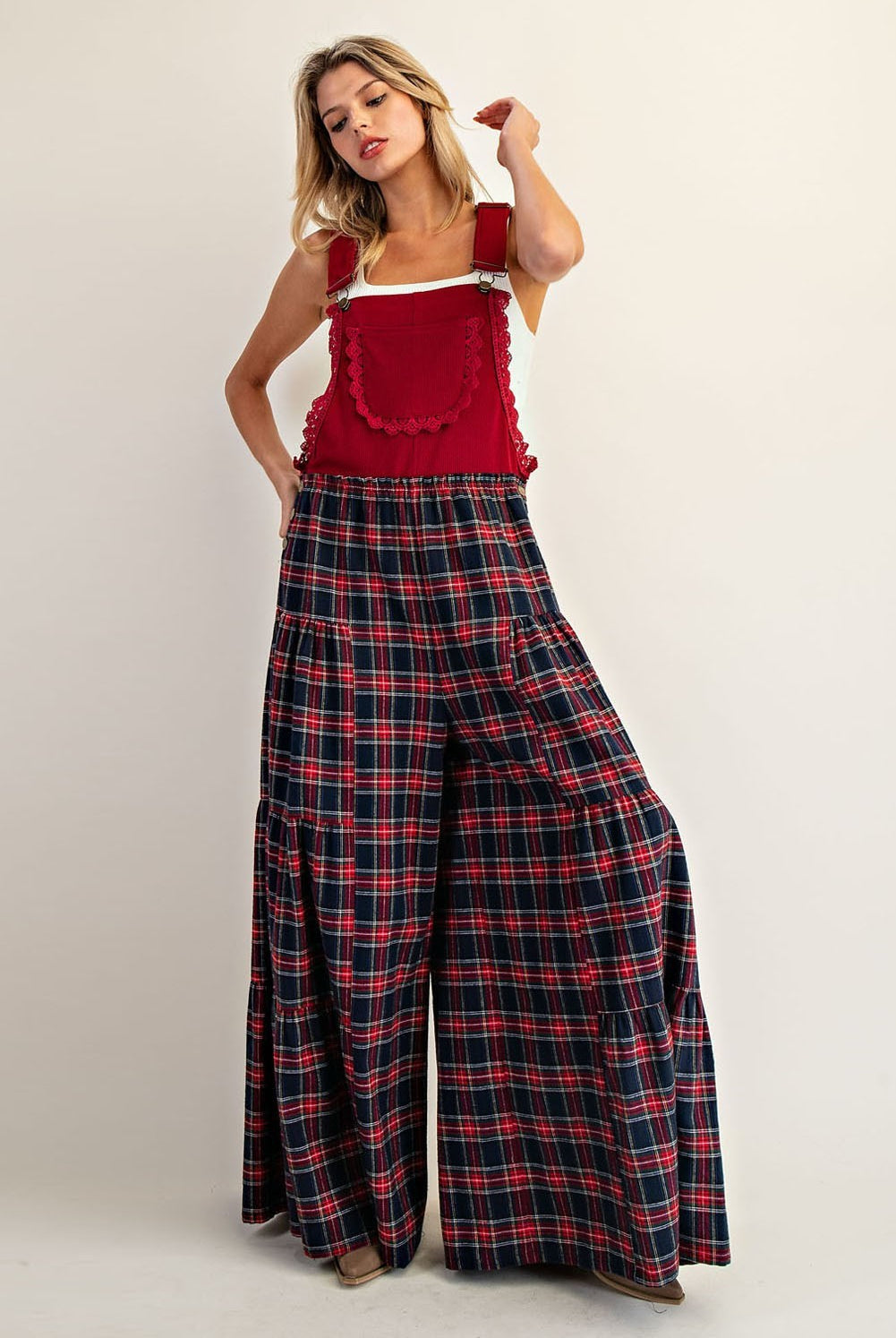 Plaid Flannel Tiered Wide Leg Overalls Jumpsuit - eesome - RARA Boutique