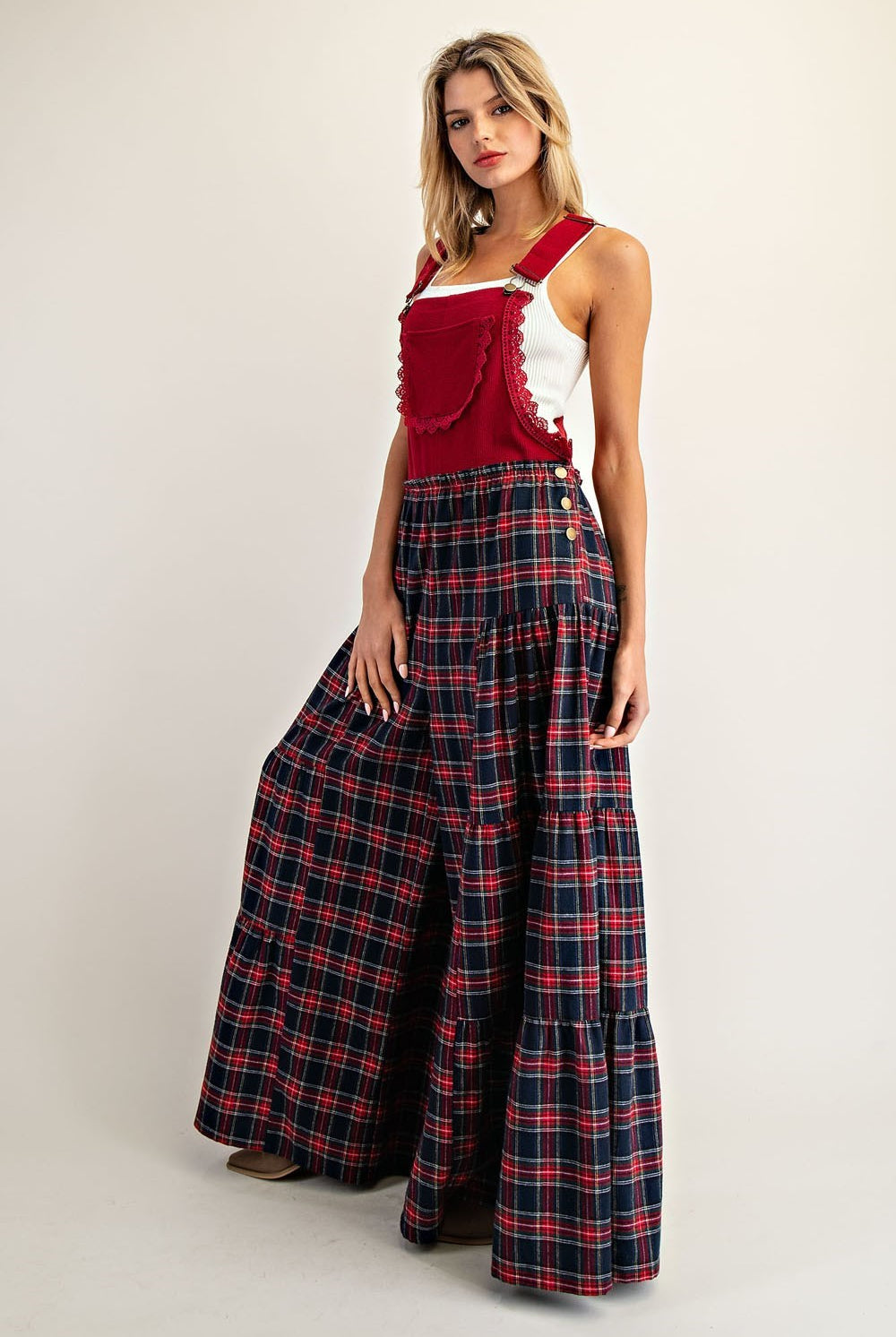 Plaid Flannel Tiered Wide Leg Overalls Jumpsuit - eesome - RARA Boutique