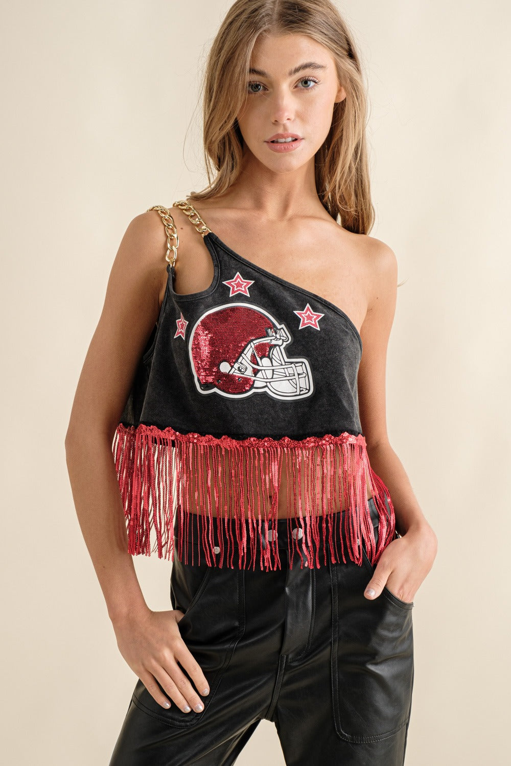 One Shoulder Chain Game Day Sequin Fringe Top - Blue B - RARA Boutique