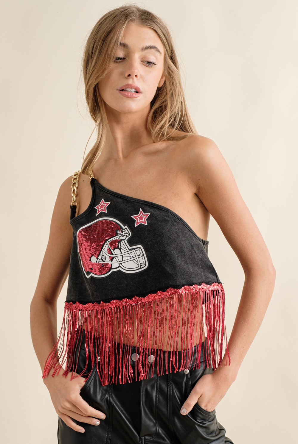 One Shoulder Chain Game Day Sequin Fringe Top - Blue B - RARA Boutique