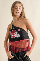 One Shoulder Chain Game Day Sequin Fringe Top - Blue B - RARA Boutique