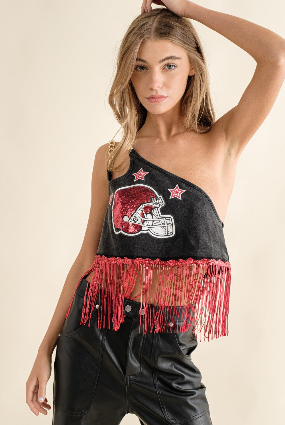 One Shoulder Chain Game Day Sequin Fringe Top - Blue B - RARA Boutique