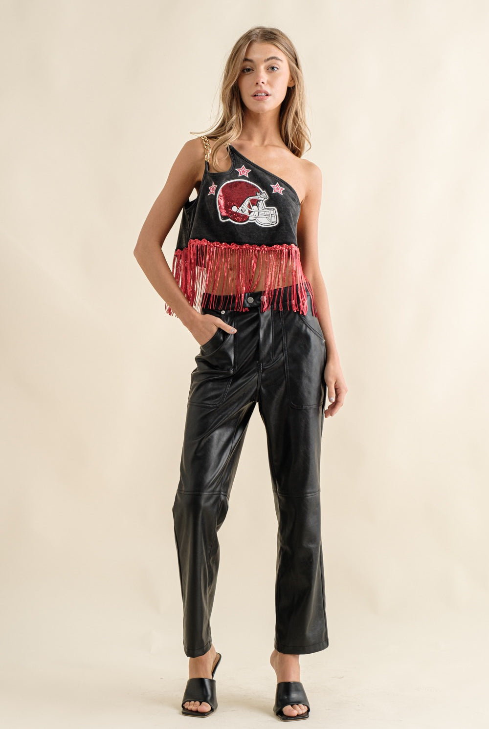 One Shoulder Chain Game Day Sequin Fringe Top - Blue B - RARA Boutique