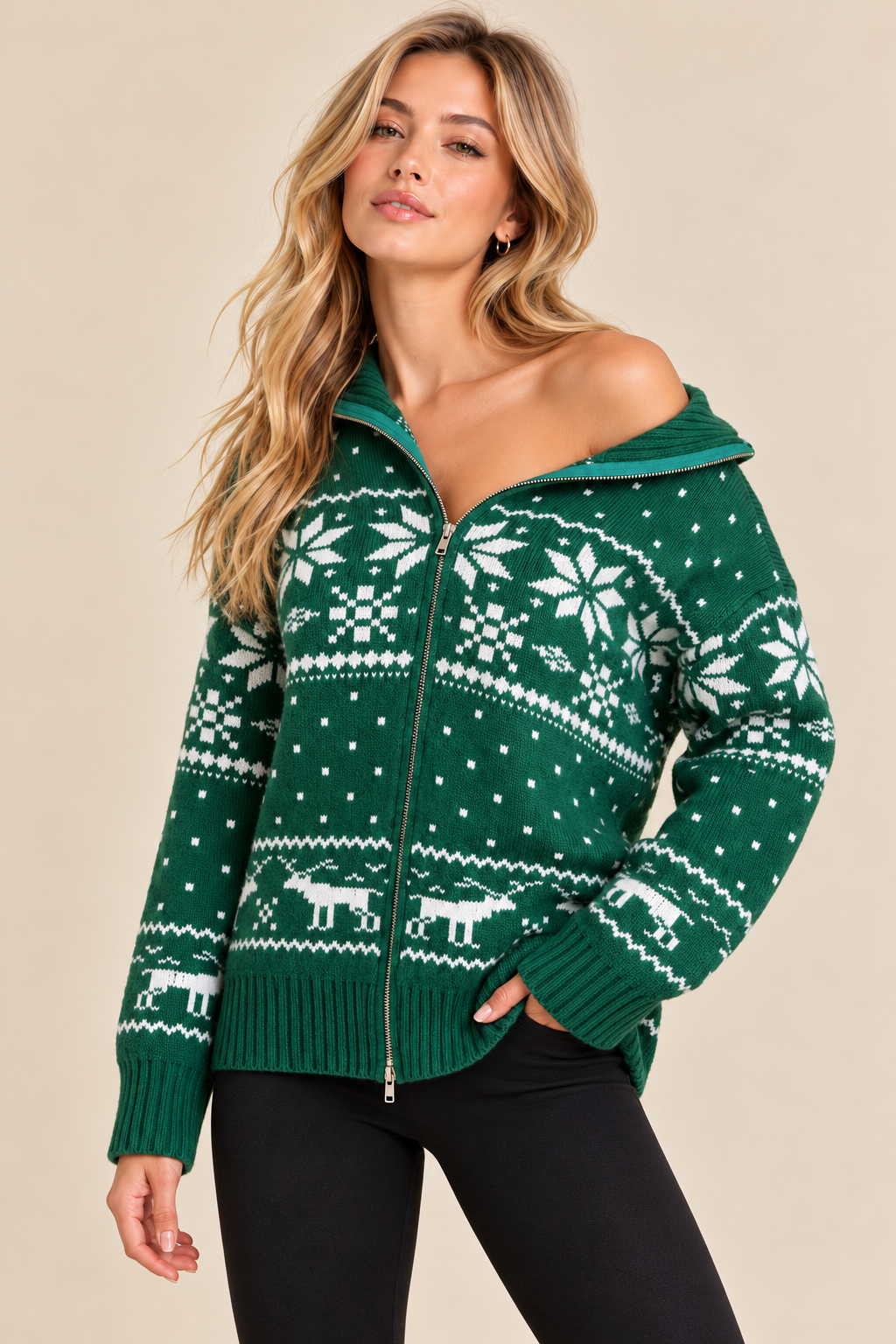 Cozy emerald Fair Isle knit sweater jacket with main strip pattern by RARA Boutique, perfect for festive winter wear.