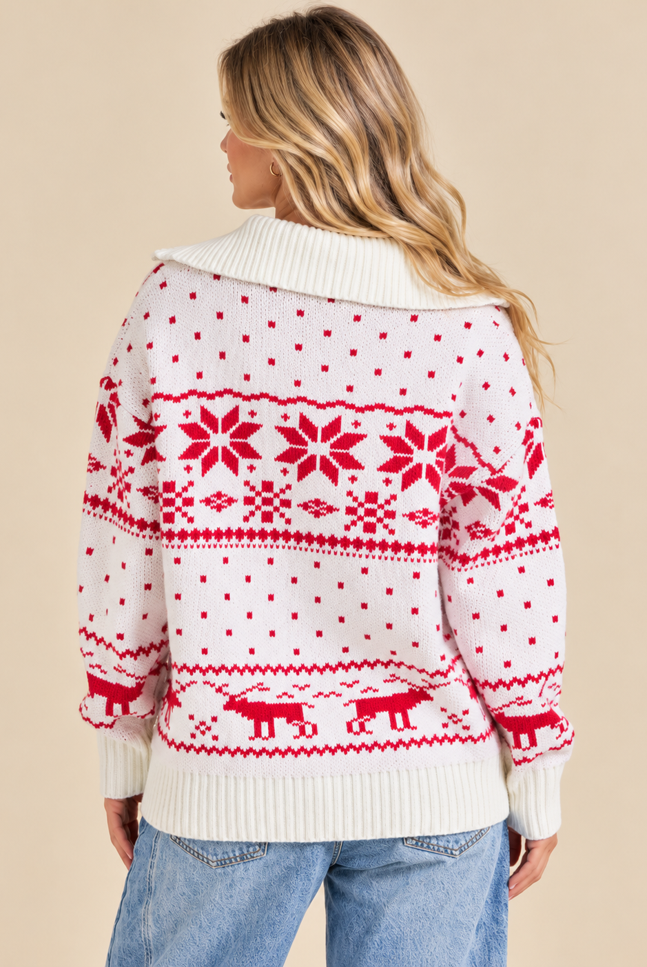 Back view of RARA Boutique Fair Isle knit sweater jacket featuring a festive main stripe design, cozy winter style.