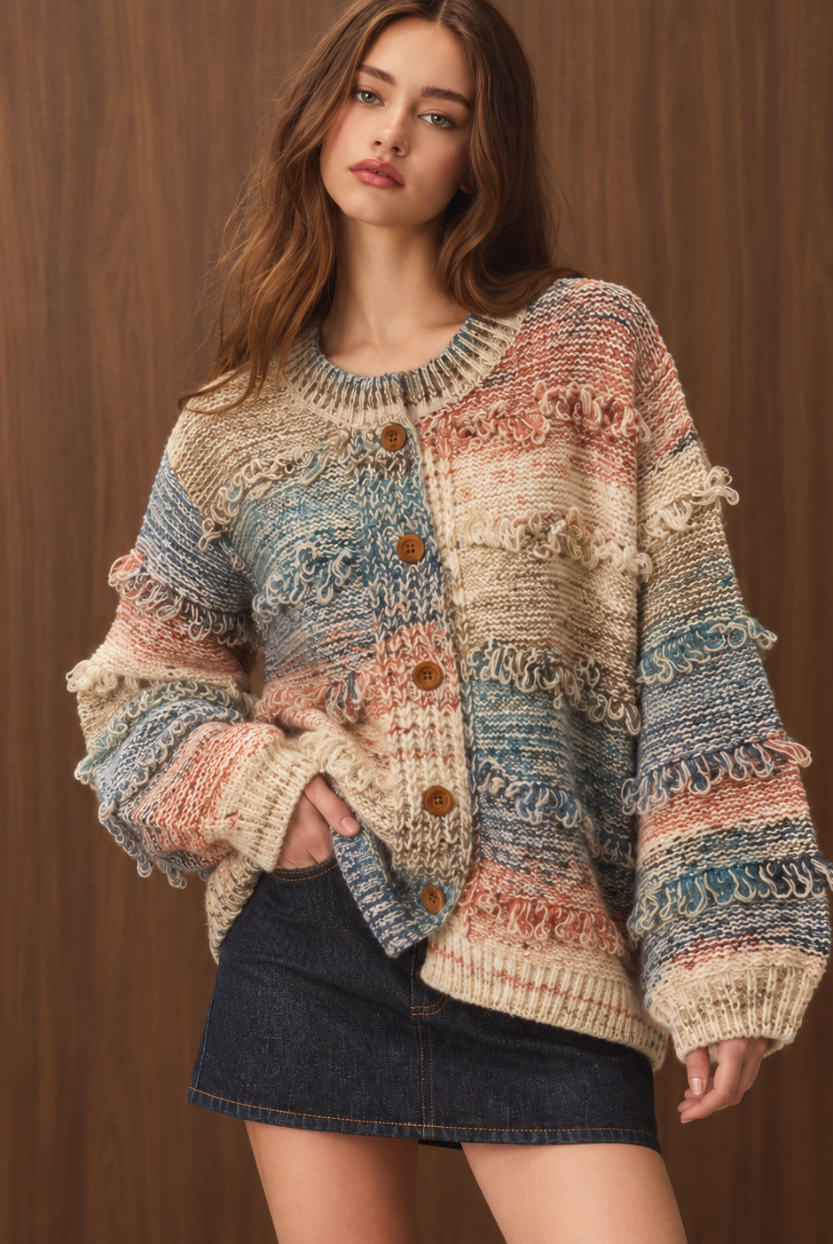 Multicolor textured fringe button-down cardigan sweater by RARA Boutique, featuring cozy knit fabric and stylish design.