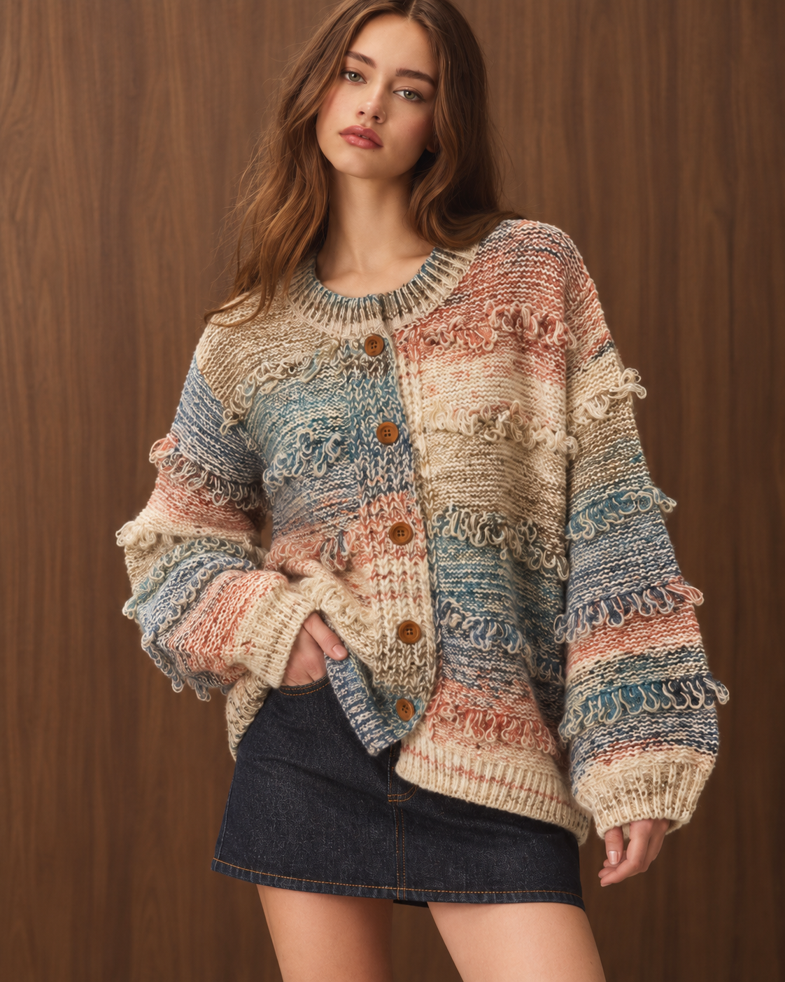 Multicolor textured fringe button-down cardigan sweater by RARA Boutique, featuring cozy knit fabric and stylish design.