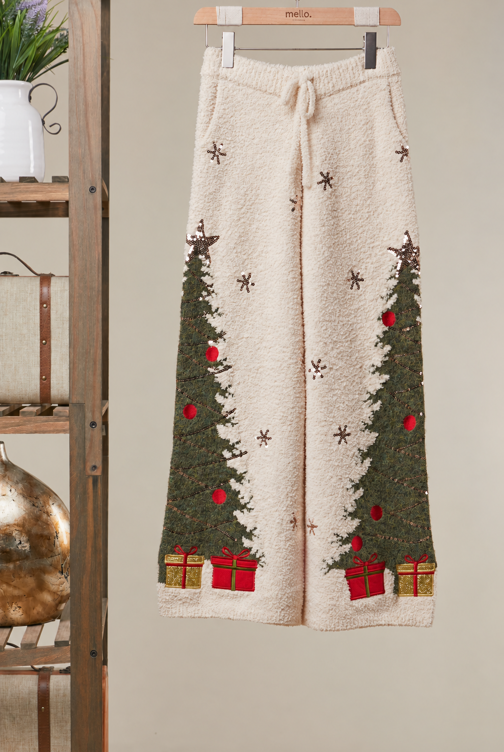 Cream Christmas Tree plush knit wide-leg lounge pants by RARA Boutique, cozy and festive for holiday comfort.