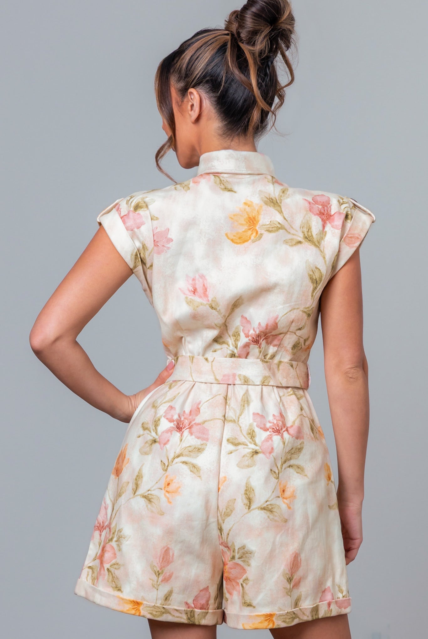 Floral Denim Utility Romper with Wooden Belt - A. Peach - RARA Boutique