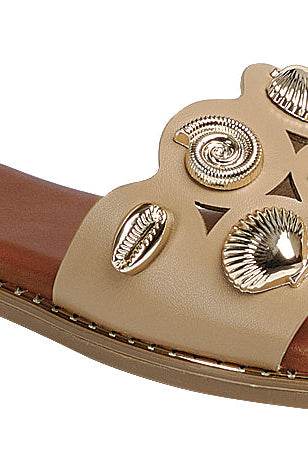 RARA Boutique seashell charm slide sandals featuring beach-inspired design and open-toe style on a casual summer sandal.