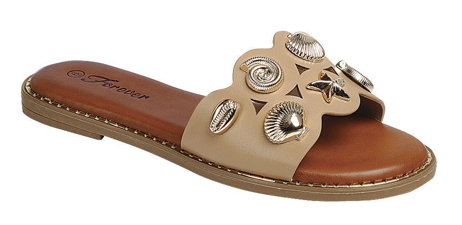 RARA Boutique seashell charm slide sandals featuring a comfortable slide design with decorative seashell accents.