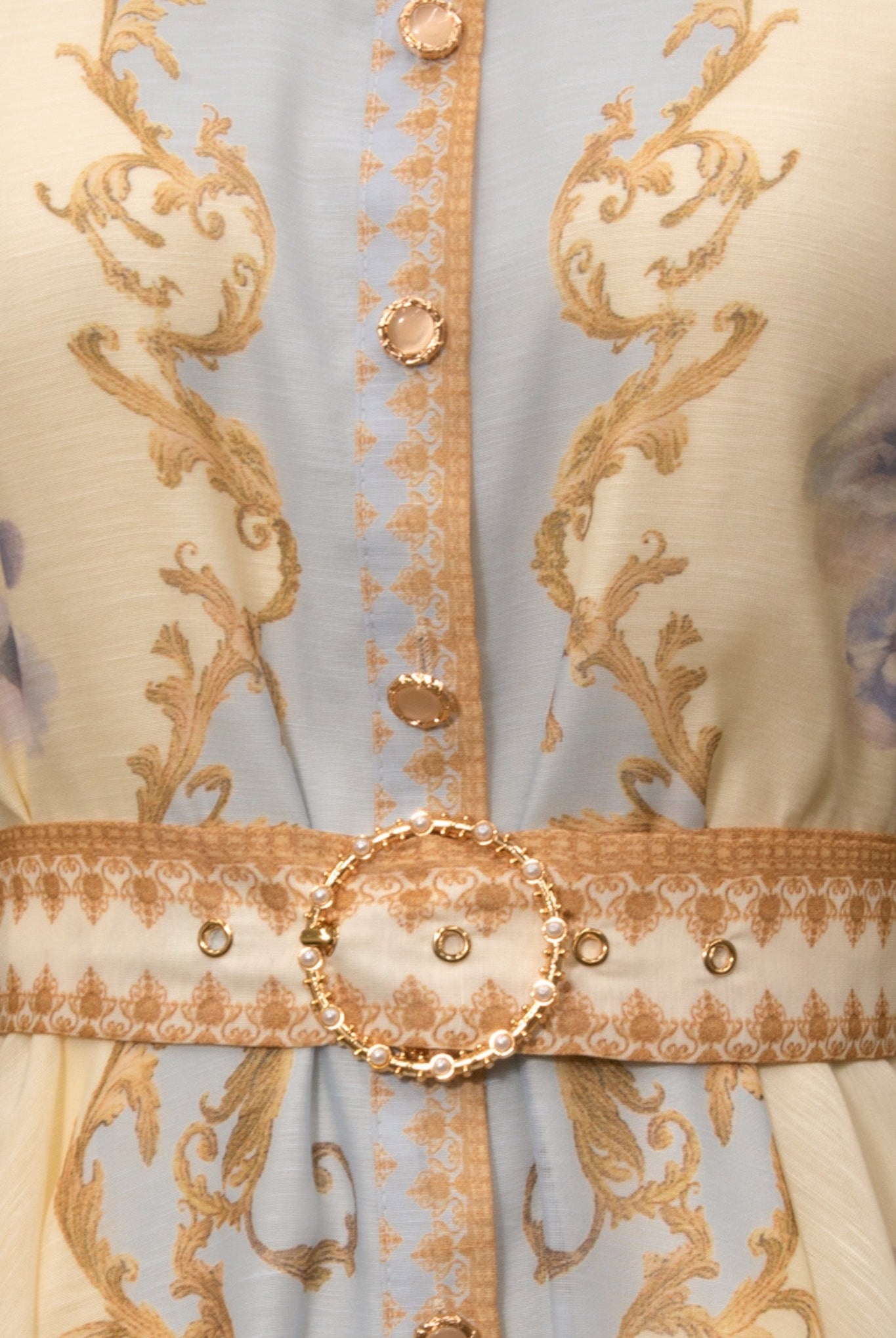 RARA Boutique Baroque scrollwork floral mini dress with pearl belt, featuring intricate design and elegant style.