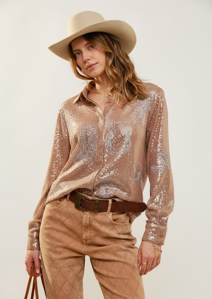 Blue Western embroidered sequin button down shirt by RARA Boutique, showcasing intricate designs and a stylish fit.