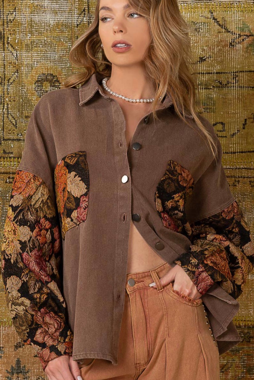 Floral Contrast Jacquard Sleeve Shacket - POL - RARA Boutique