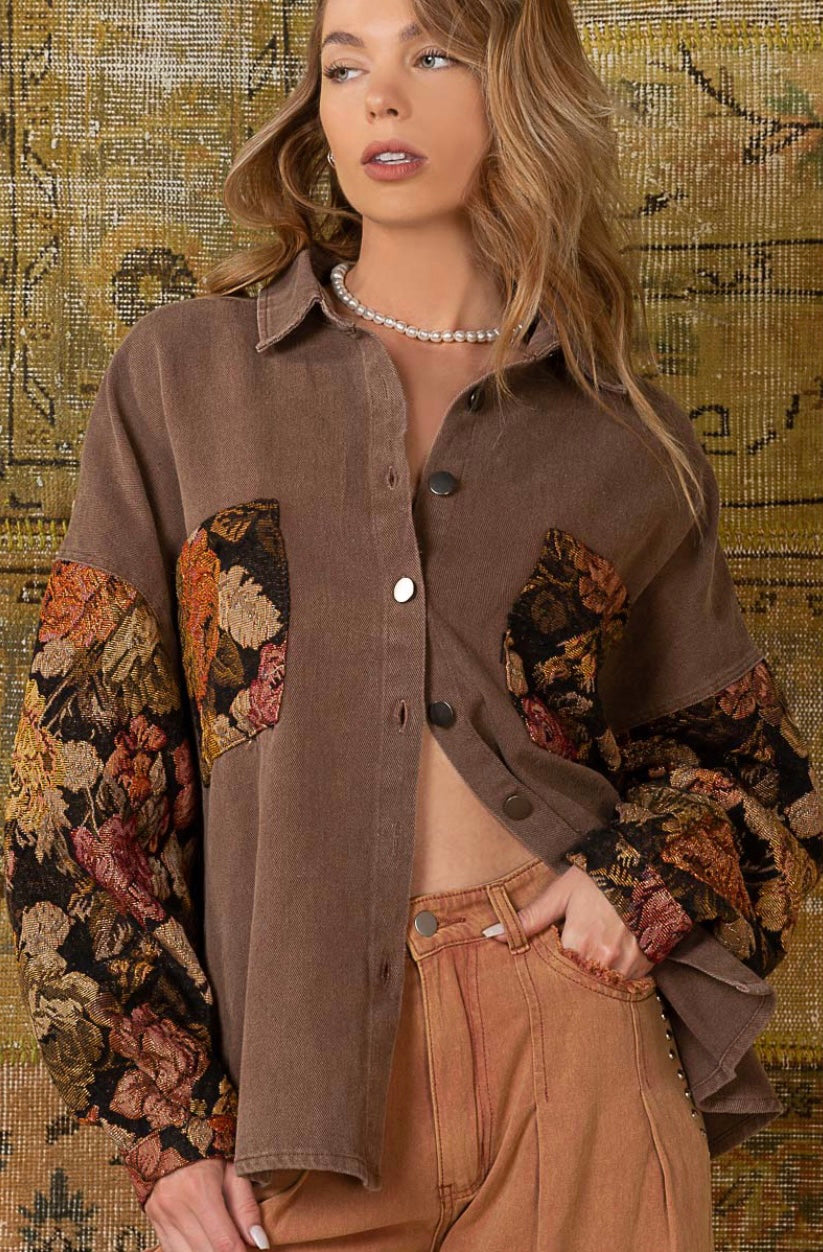 Floral Contrast Jacquard Sleeve Shacket - POL - RARA Boutique