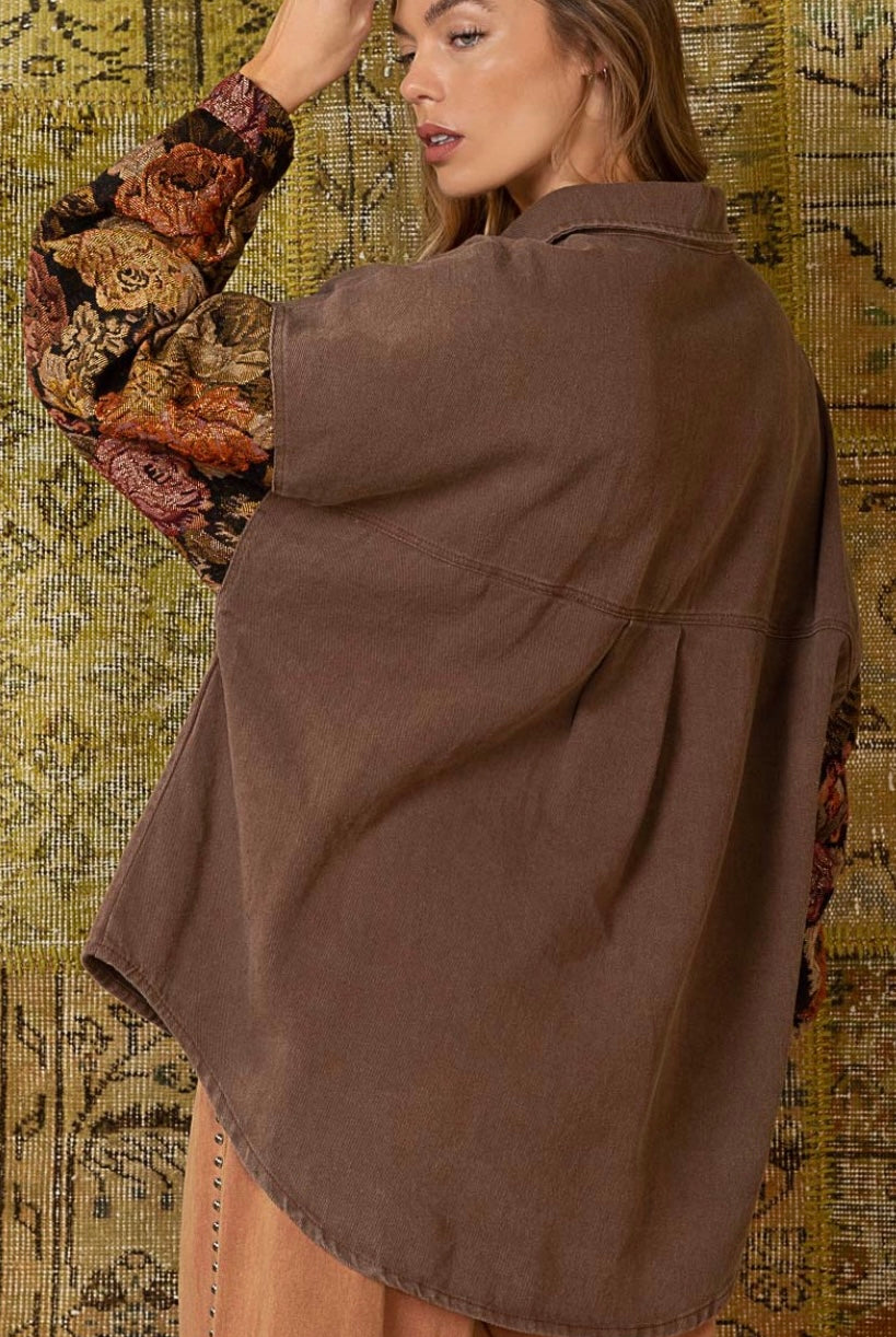 Floral Contrast Jacquard Sleeve Shacket - POL - RARA Boutique