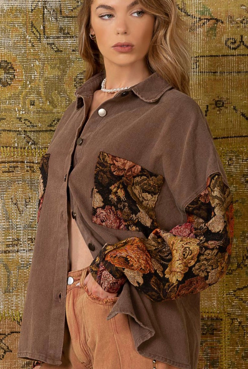 Floral Contrast Jacquard Sleeve Shacket - POL - RARA Boutique