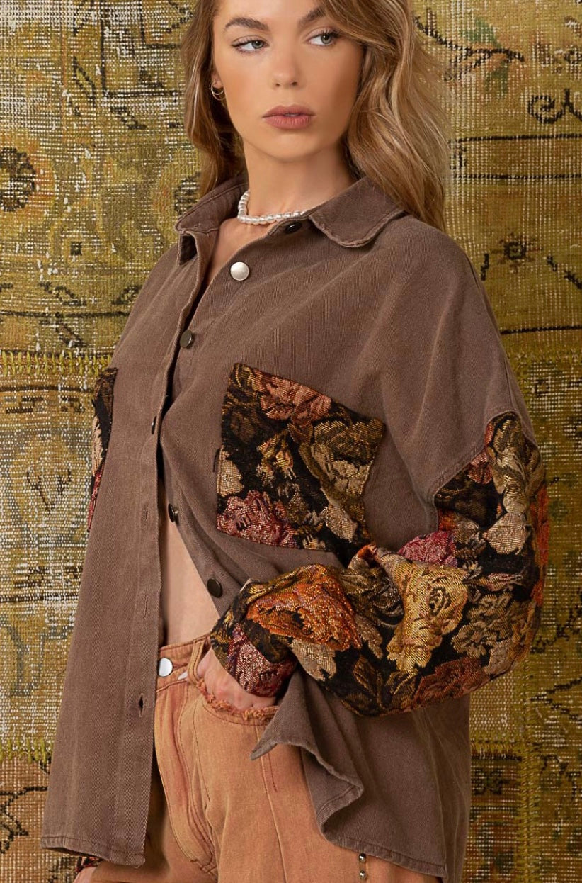 Floral Contrast Jacquard Sleeve Shacket - POL - RARA Boutique