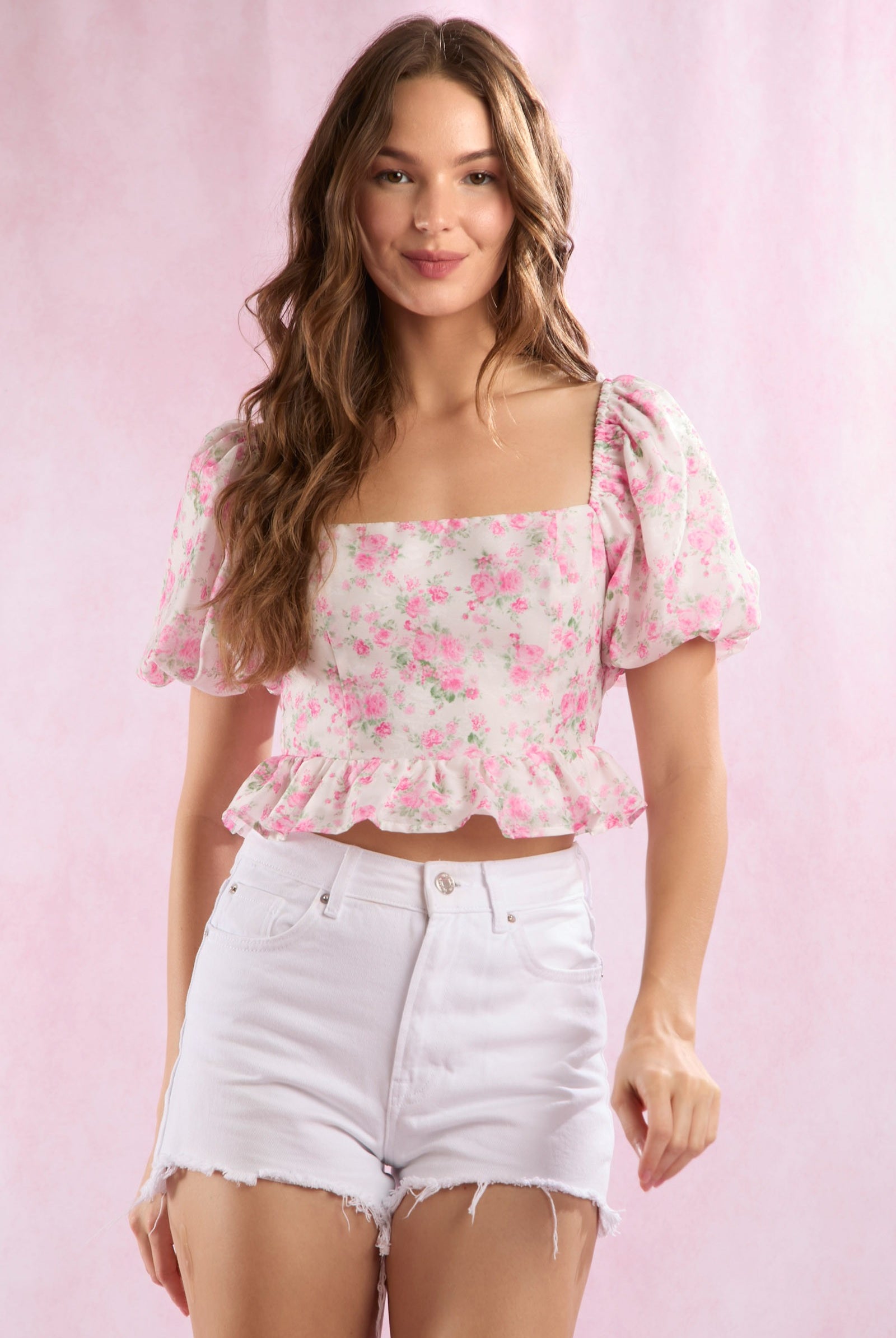 Jacquard Floral Bubble Sleeve Back Tie Peplum Top - Peach Love - RARA Boutique