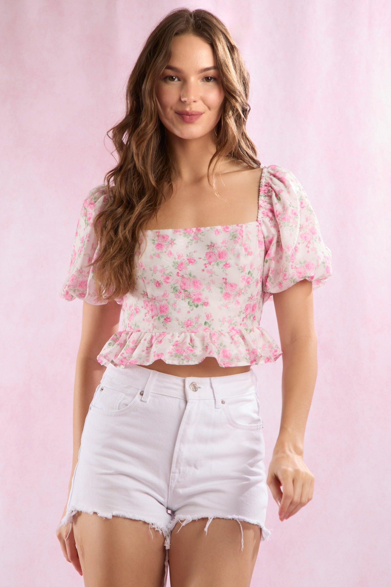 Jacquard Floral Bubble Sleeve Back Tie Peplum Top - Peach Love - RARA Boutique