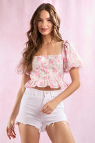 Jacquard Floral Bubble Sleeve Back Tie Peplum Top - Peach Love - RARA Boutique