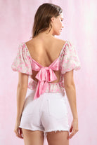 Jacquard Floral Bubble Sleeve Back Tie Peplum Top - Peach Love - RARA Boutique